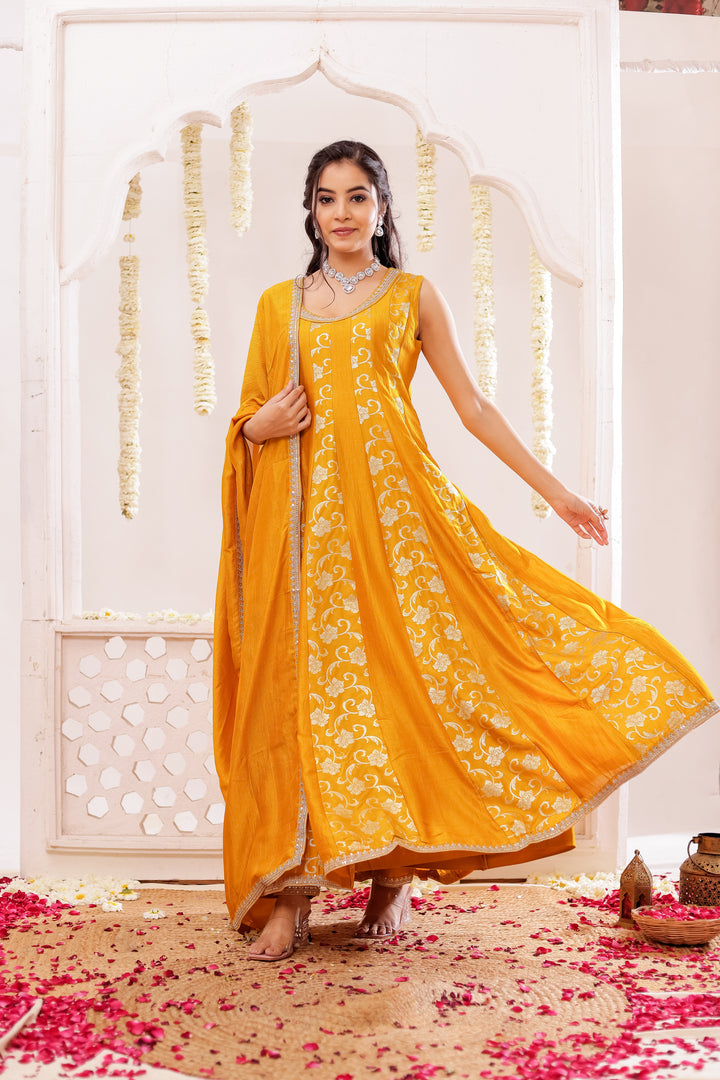 Mustard Vichitra Silk Anarkali Suit