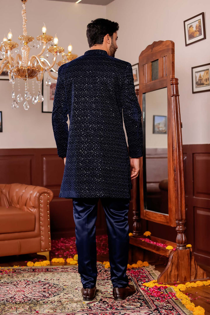 Navy Blue Velvet Jacket Style Indo-western Suit With Threadwork And Sequins