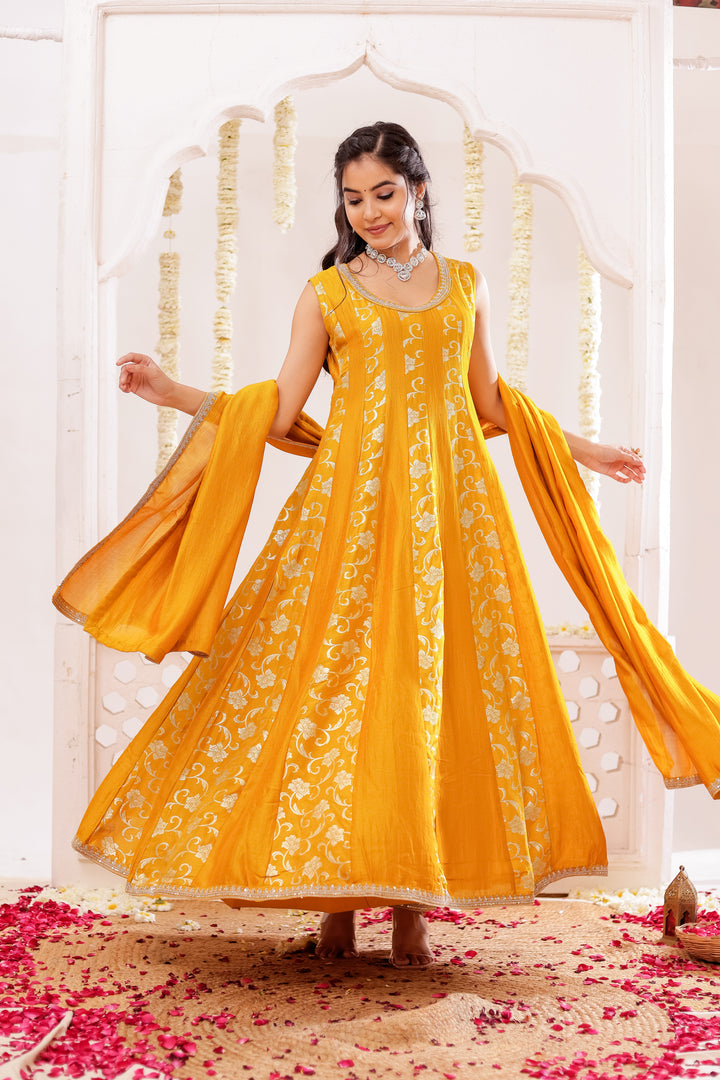 Mustard Vichitra Silk Anarkali Suit
