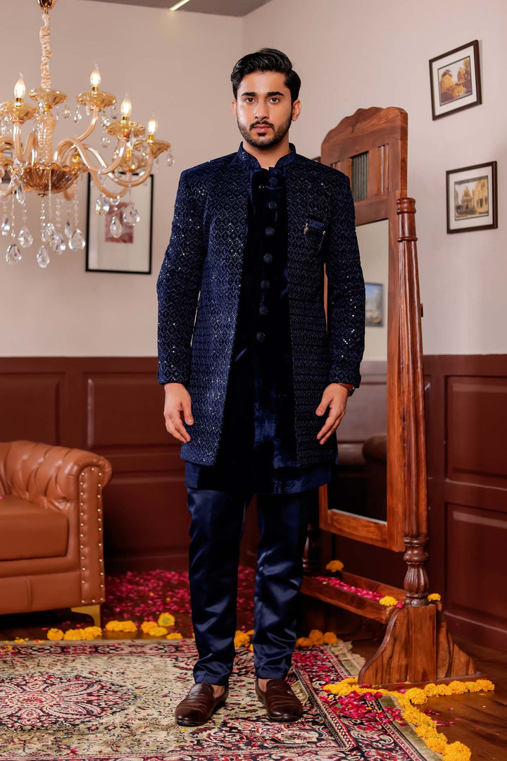 Navy Blue Velvet Jacket Style Indo-western Suit With Threadwork And Sequins