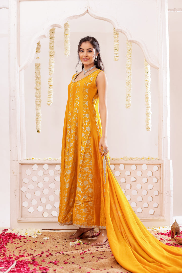 Mustard Vichitra Silk Anarkali Suit
