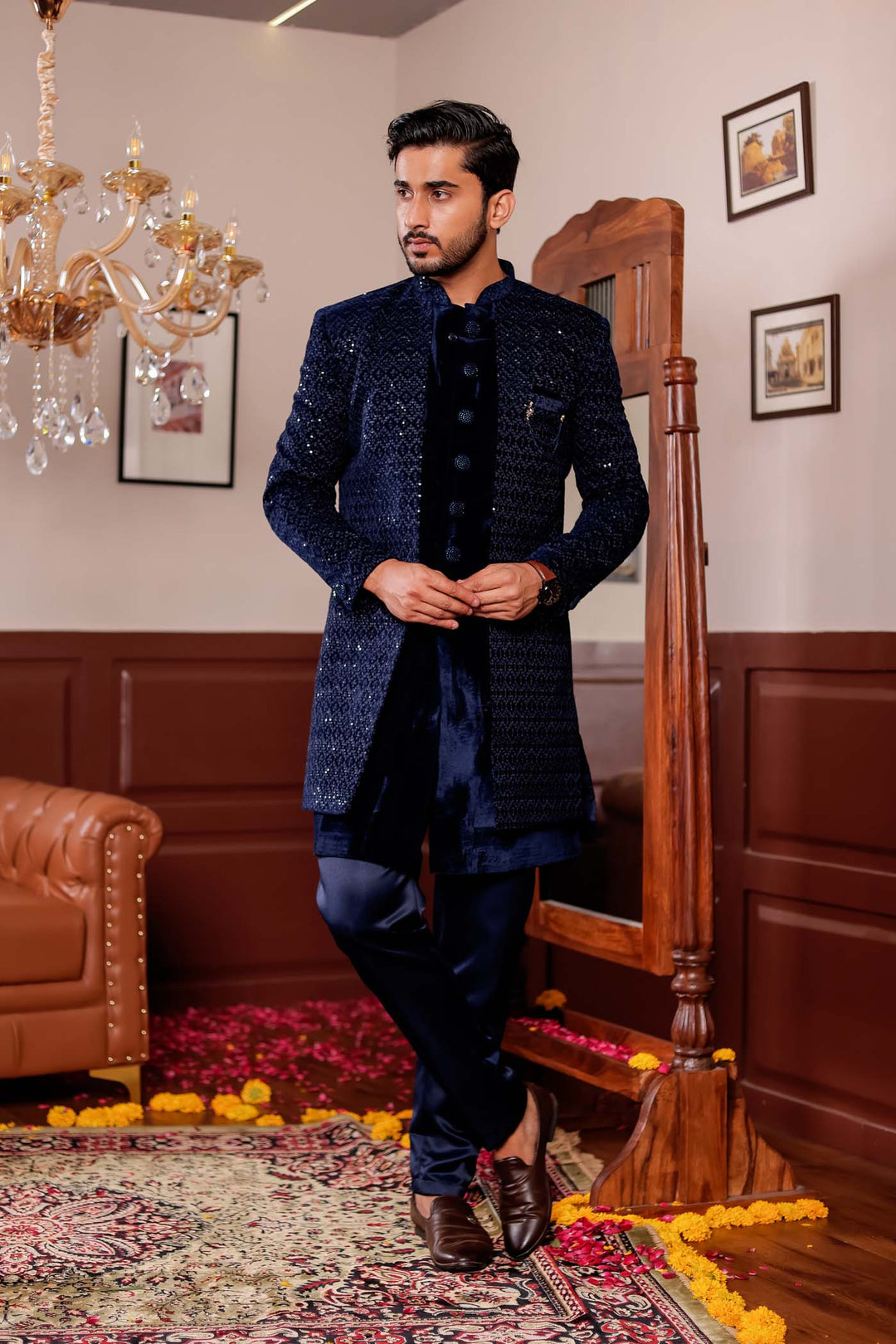 Navy Blue Velvet Jacket Style Indo-western Suit With Threadwork And Sequins