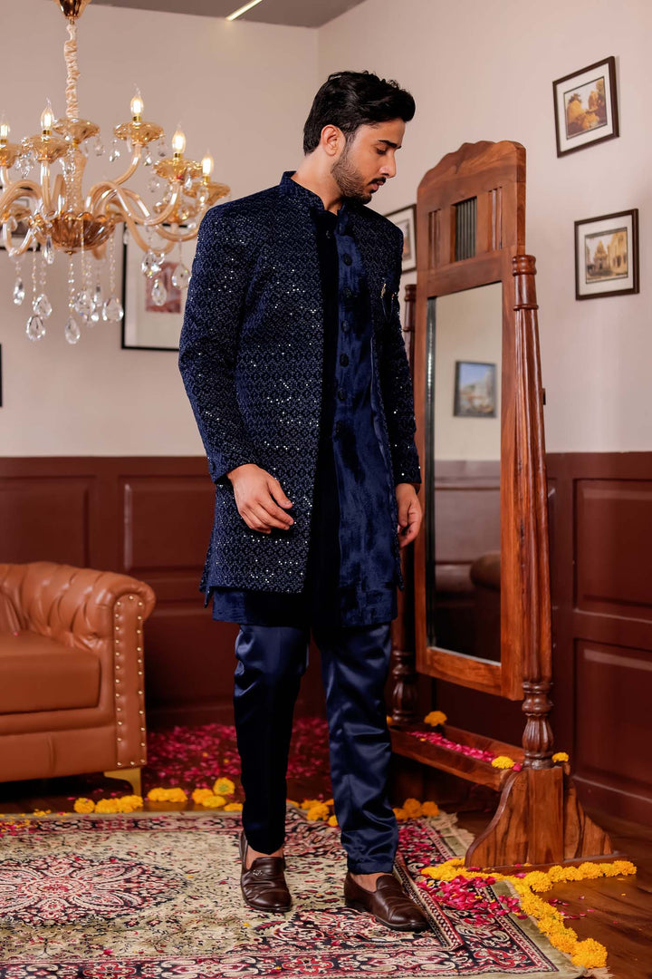 Navy Blue Velvet Jacket Style Indo-western Suit With Threadwork And Sequins