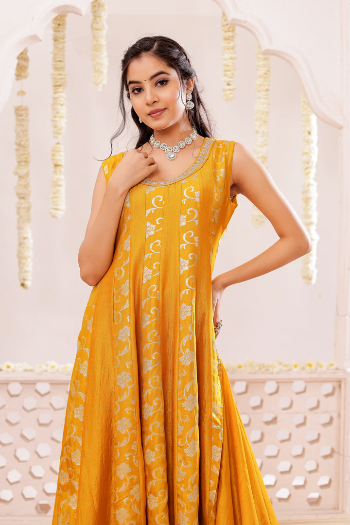 Mustard Vichitra Silk Anarkali Suit