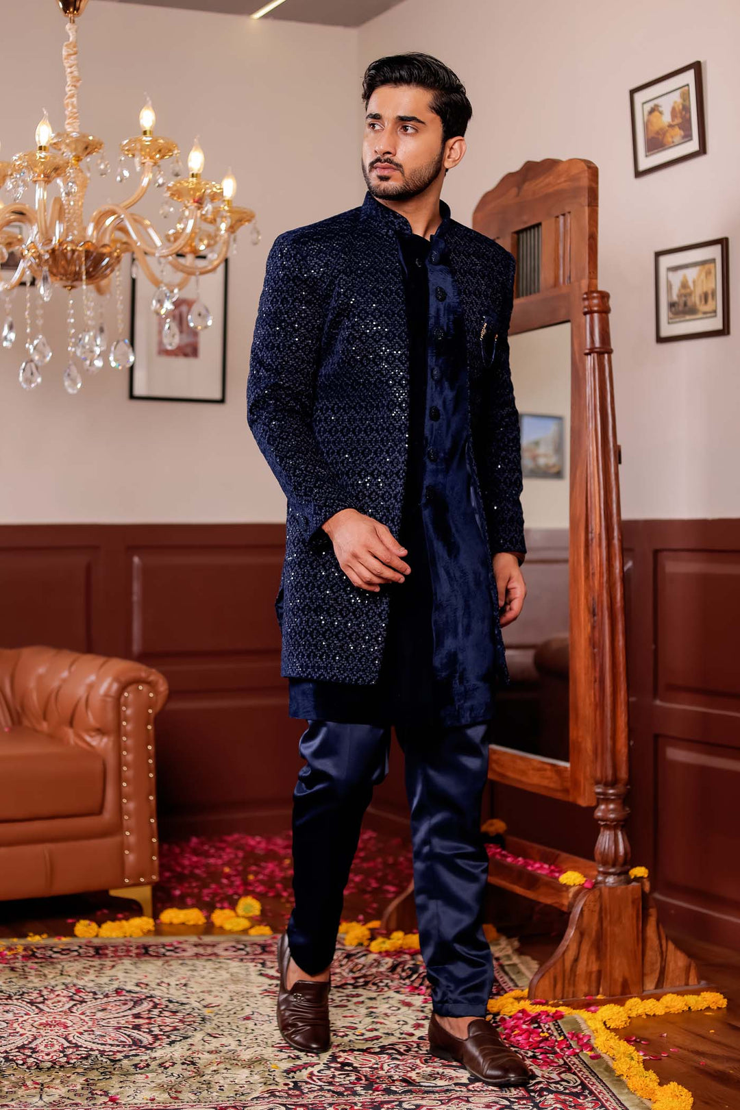 Navy Blue Velvet Jacket Style Indo-western Suit With Threadwork And Sequins
