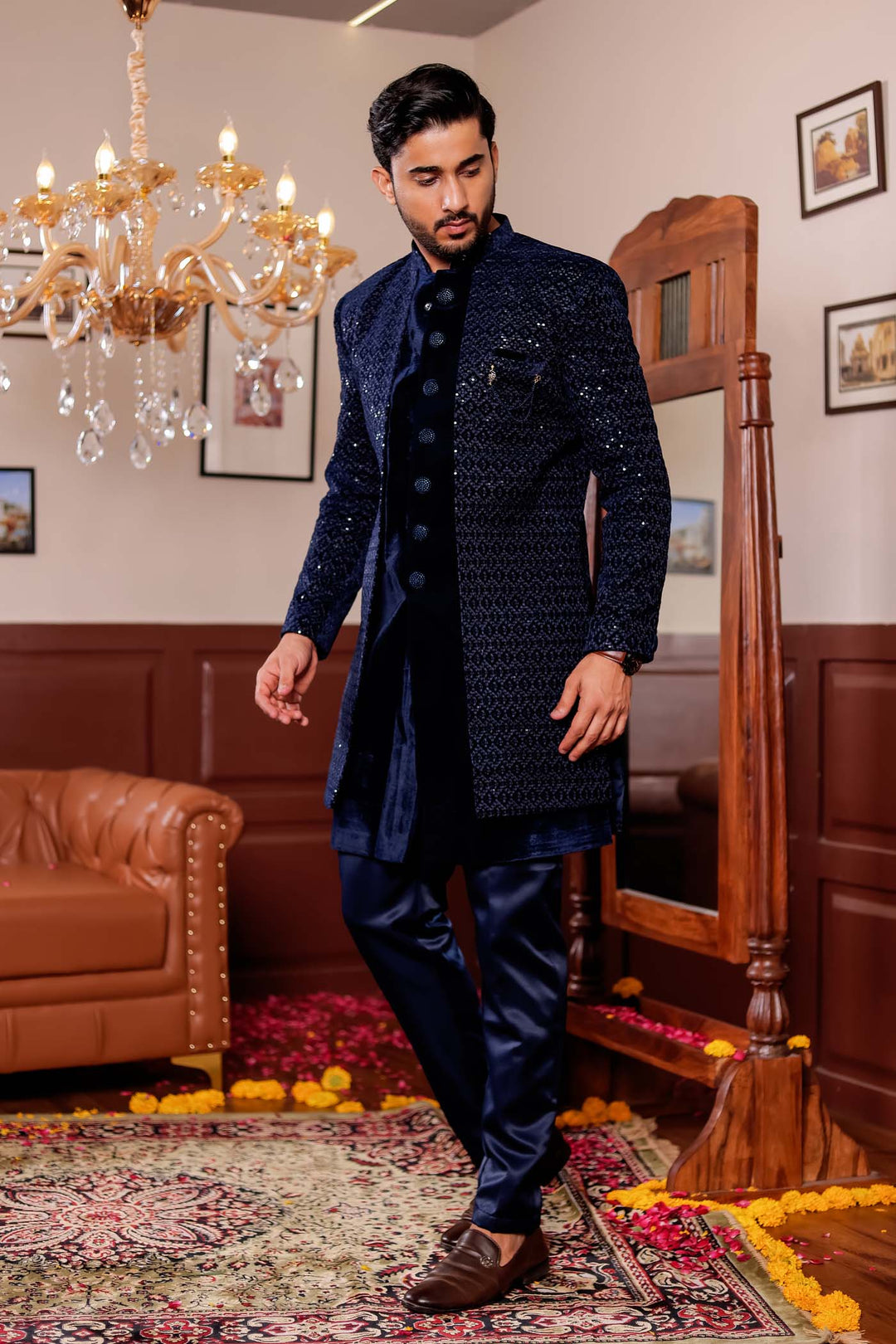Navy Blue Velvet Jacket Style Indo-western Suit With Threadwork And Sequins