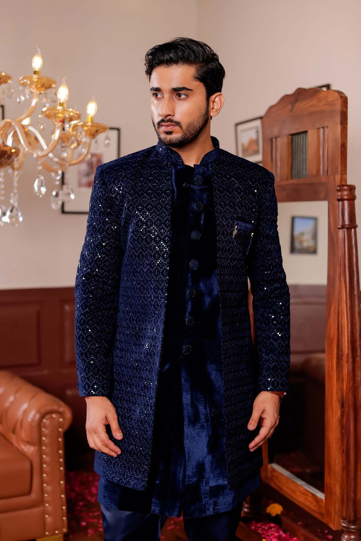 Navy Blue Velvet Jacket Style Indo-western Suit With Threadwork And Sequins