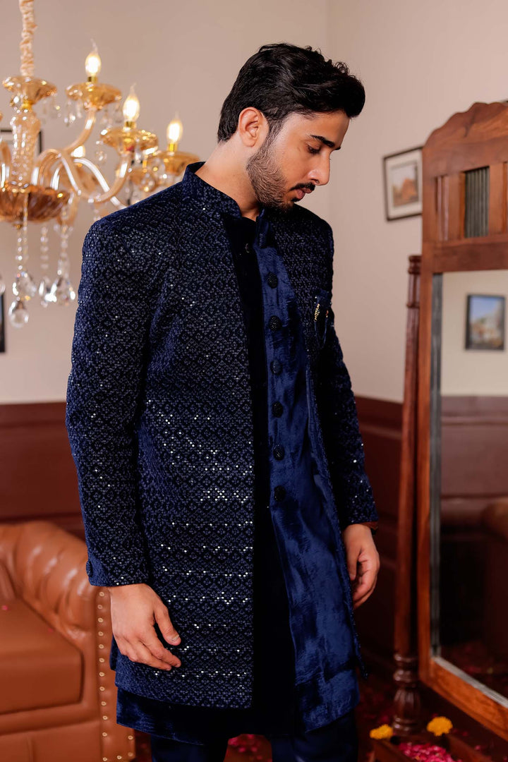 Navy Blue Velvet Jacket Style Indo-western Suit With Threadwork And Sequins