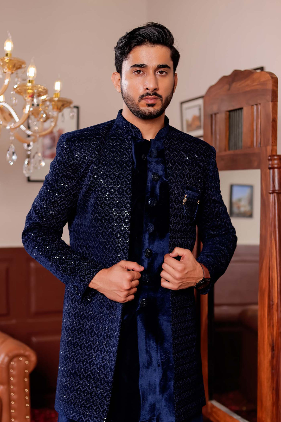 Navy Blue Velvet Jacket Style Indo-western Suit With Threadwork And Sequins