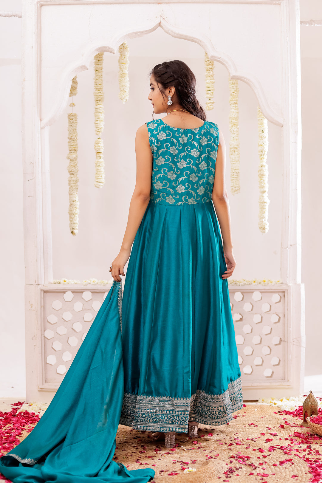 Dark Rama Vichitra Silk Anarkali Suit