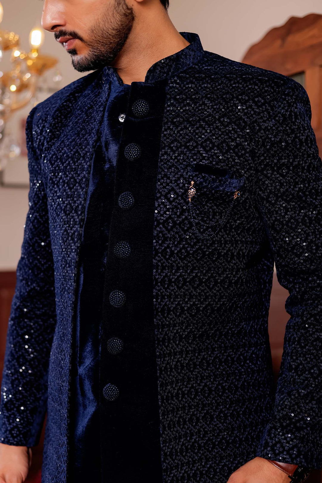 Navy Blue Velvet Jacket Style Indo-western Suit With Threadwork And Sequins