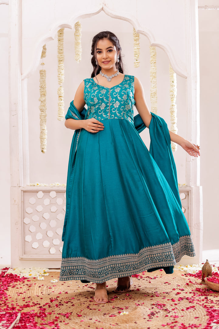 Dark Rama Vichitra Silk Anarkali Suit