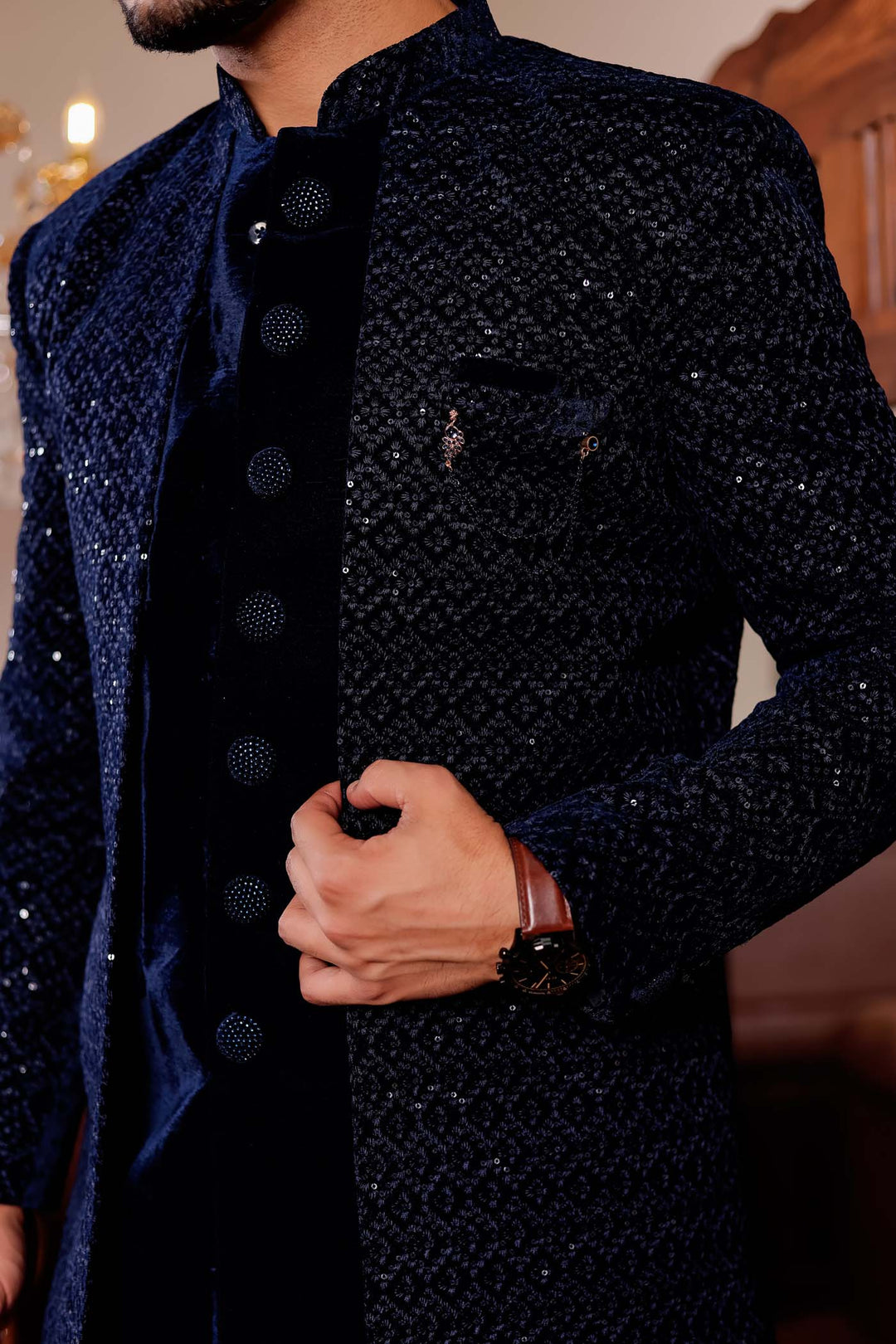 Navy Blue Velvet Jacket Style Indo-western Suit With Threadwork And Sequins