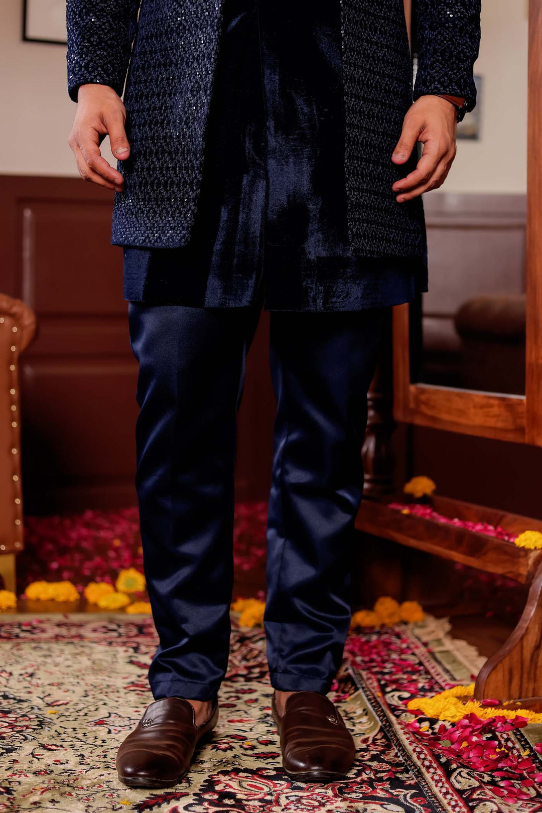 Navy Blue Velvet Jacket Style Indo-western Suit With Threadwork And Sequins