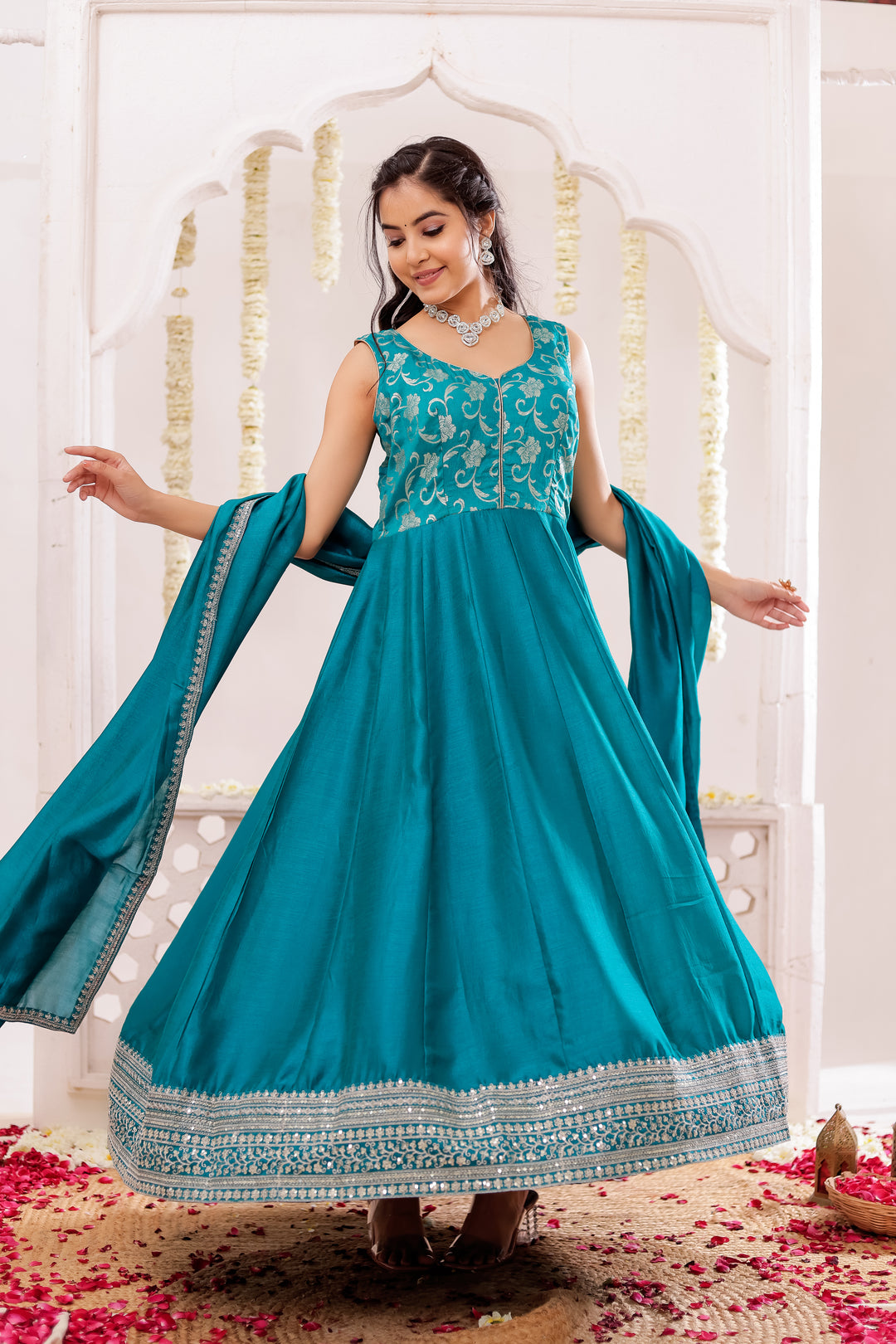 Dark Rama Vichitra Silk Anarkali Suit