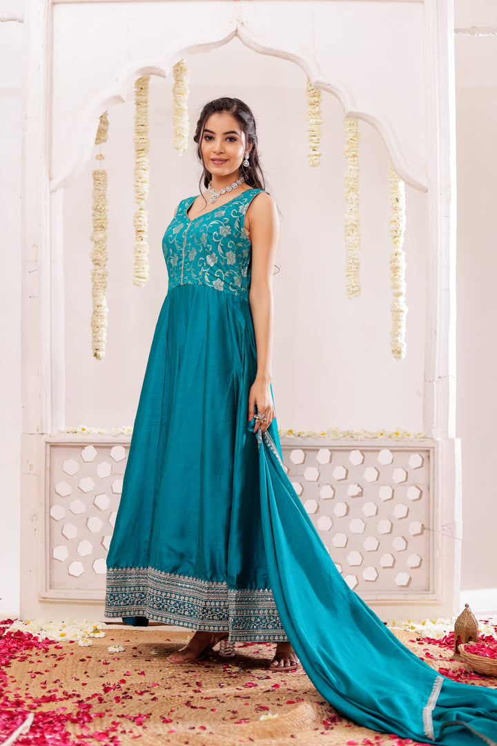 Dark Rama Vichitra Silk Anarkali Suit