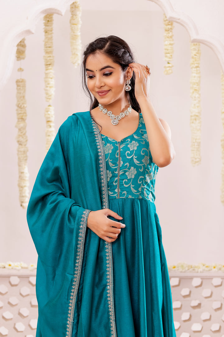 Dark Rama Vichitra Silk Anarkali Suit