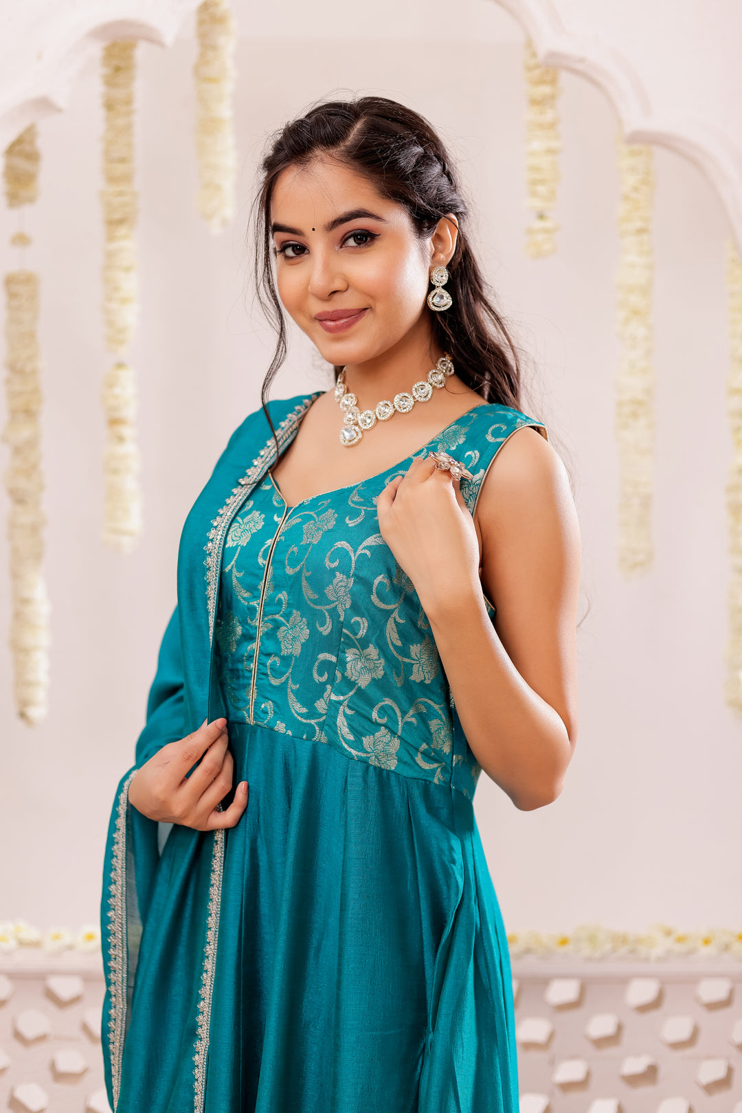 Dark Rama Vichitra Silk Anarkali Suit