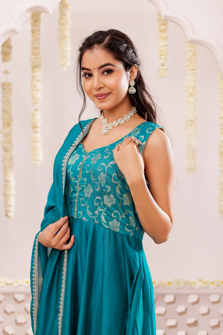 Dark Rama Vichitra Silk Anarkali Suit