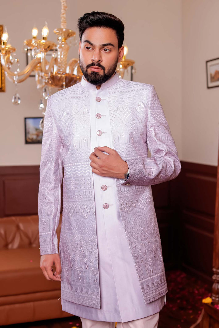 Mauve Lucknowi Silk Jacket Style Indo-wester Suit.