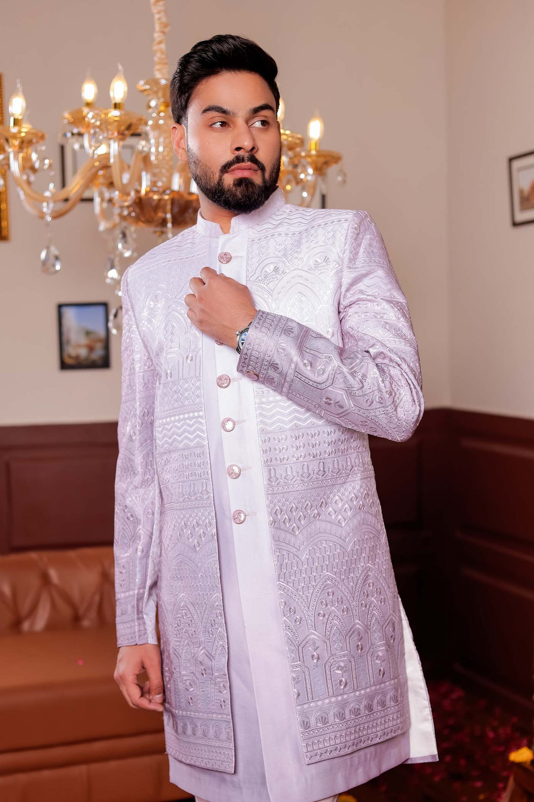 Mauve Lucknowi Silk Jacket Style Indo-wester Suit.