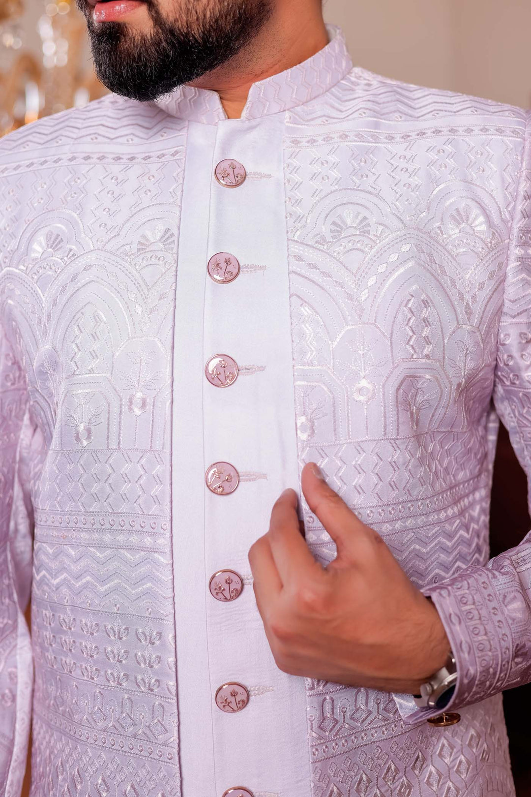 Mauve Lucknowi Silk Jacket Style Indo-wester Suit.