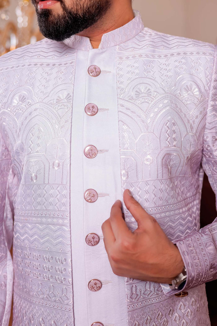 Mauve Lucknowi Silk Jacket Style Indo-wester Suit.