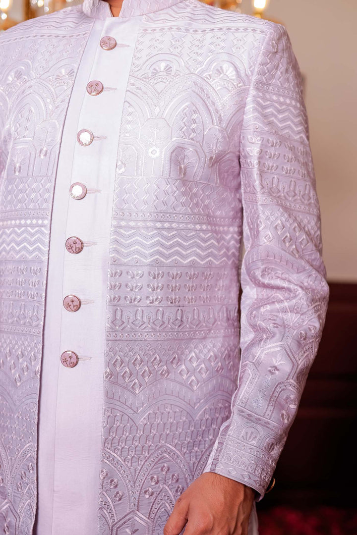 Mauve Lucknowi Silk Jacket Style Indo-wester Suit.