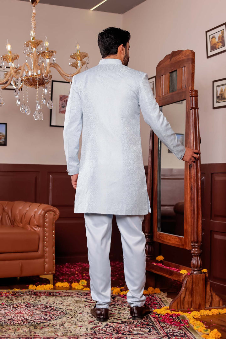 Light Blue Brocade Silk Jacket Style Indo-wester Suit.