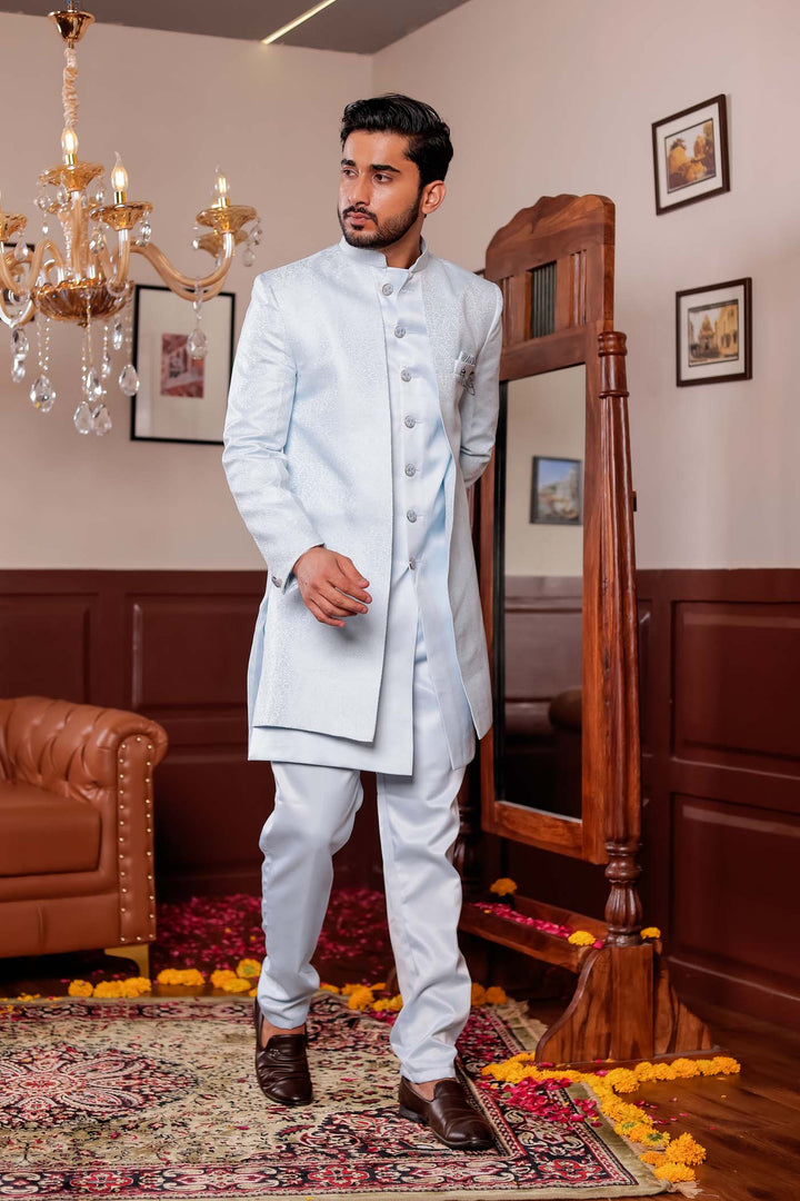 Light Blue Brocade Silk Jacket Style Indo-wester Suit.