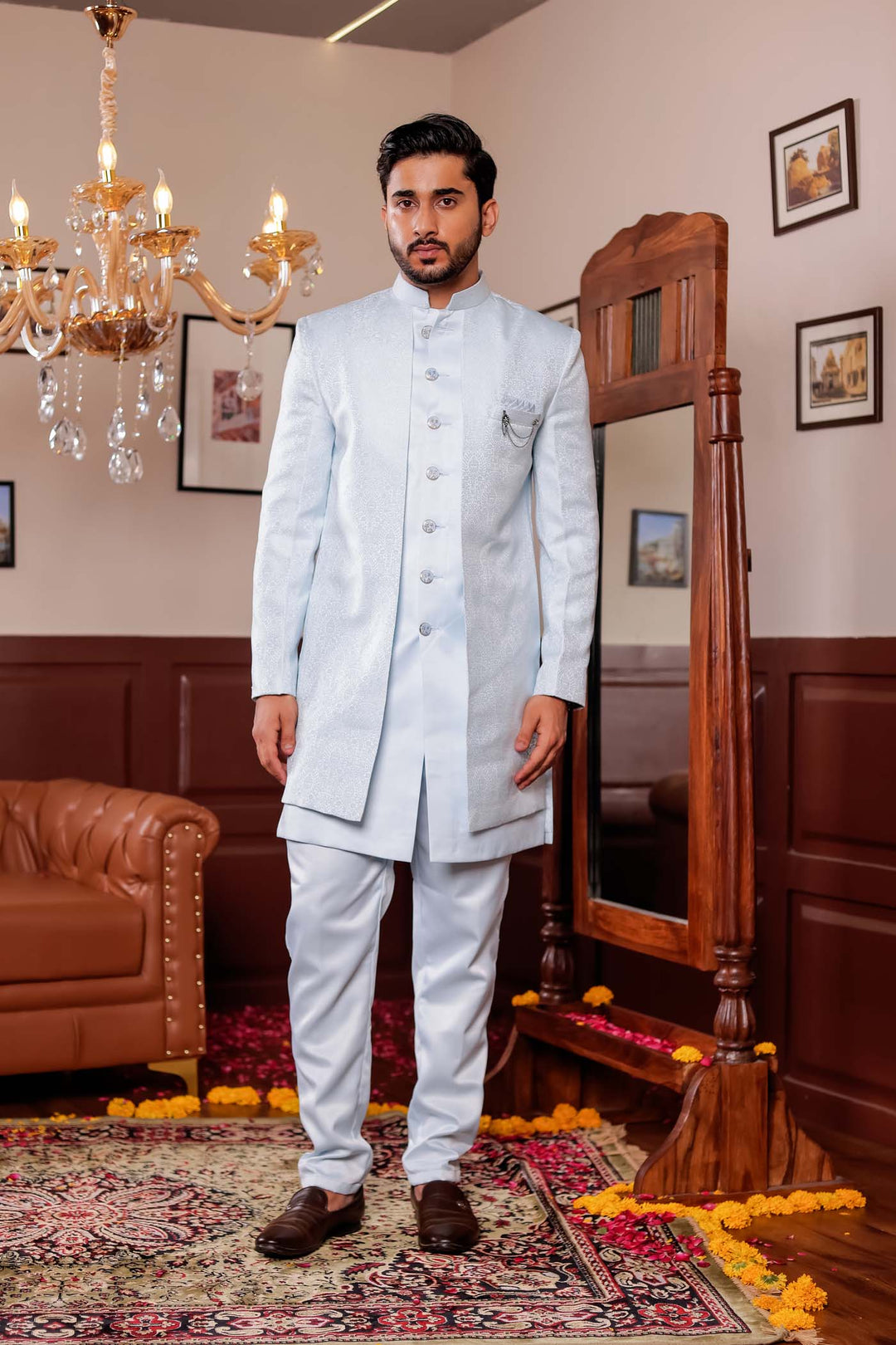 Light Blue Brocade Silk Jacket Style Indo-wester Suit.
