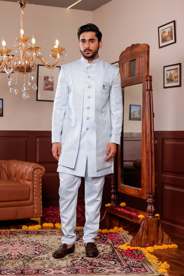 Light Blue Brocade Silk Jacket Style Indo-wester Suit.