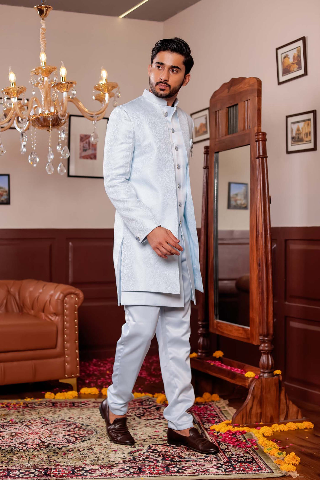 Light Blue Brocade Silk Jacket Style Indo-wester Suit.