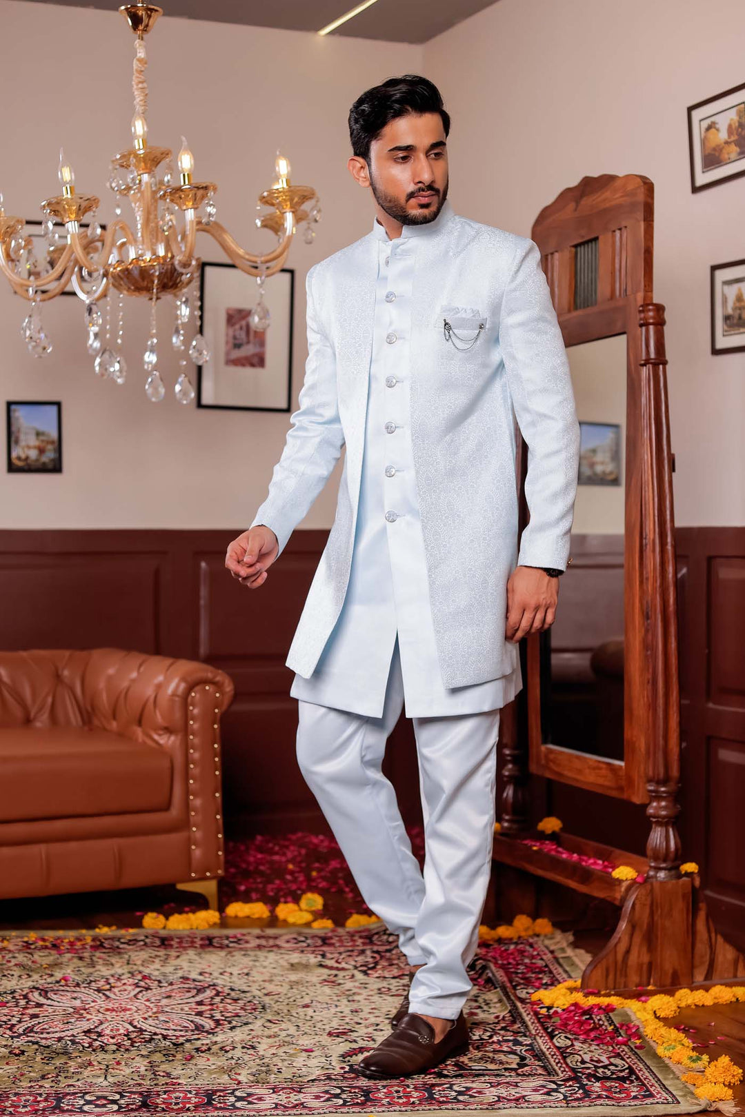 Light Blue Brocade Silk Jacket Style Indo-wester Suit.