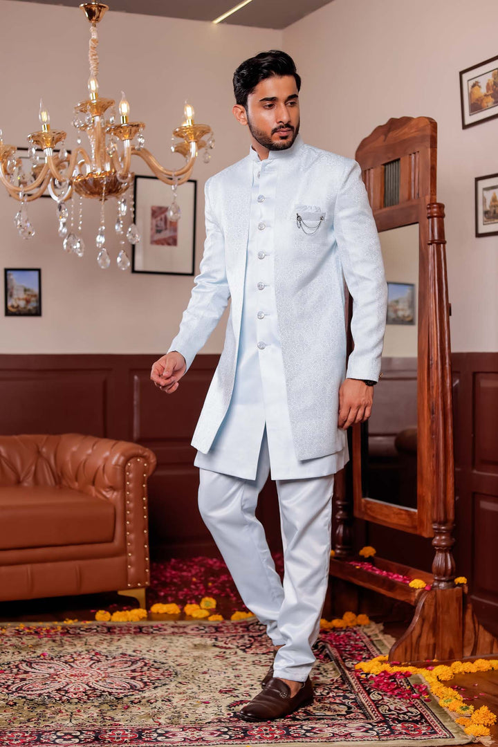 Light Blue Brocade Silk Jacket Style Indo-wester Suit.