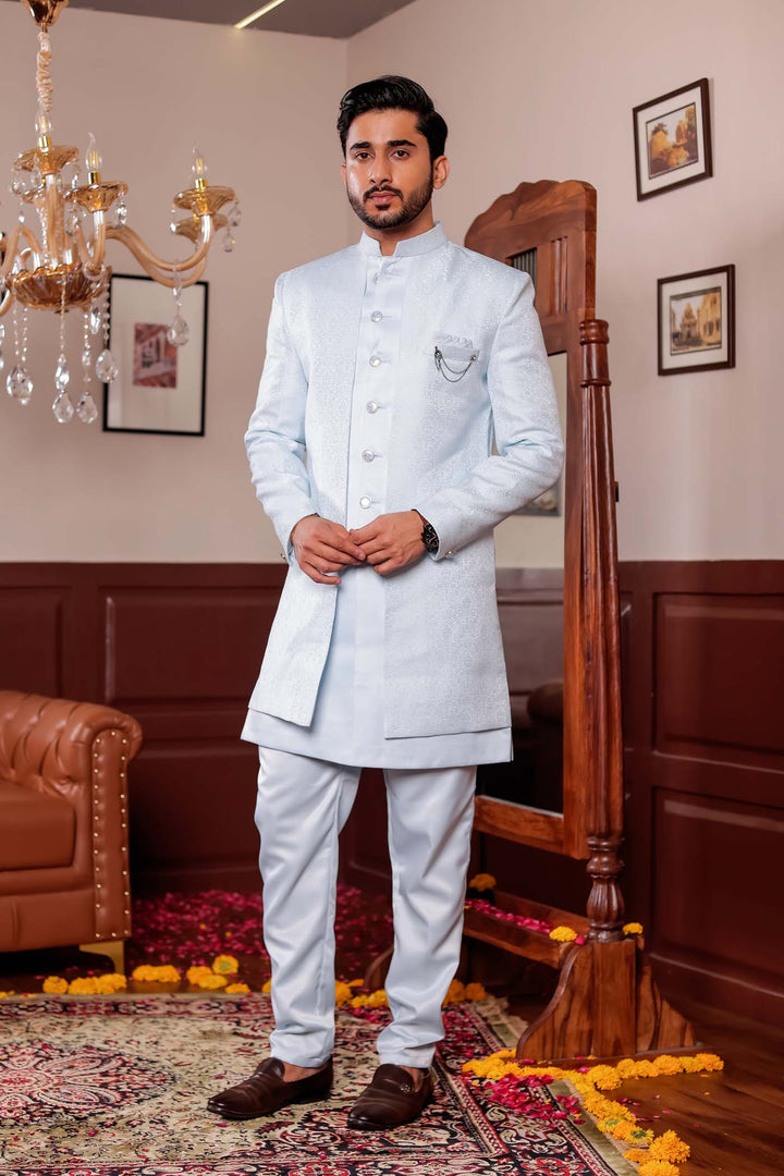 Light Blue Brocade Silk Jacket Style Indo-wester Suit.