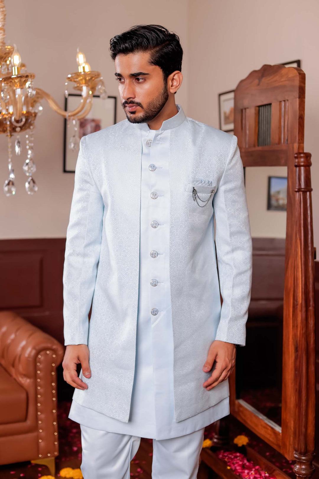 Light Blue Brocade Silk Jacket Style Indo-wester Suit.