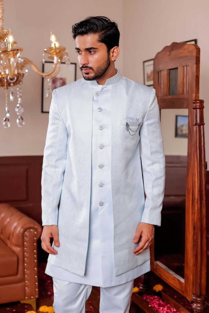 Light Blue Brocade Silk Jacket Style Indo-wester Suit.