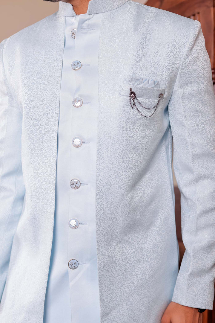 Light Blue Brocade Silk Jacket Style Indo-wester Suit.