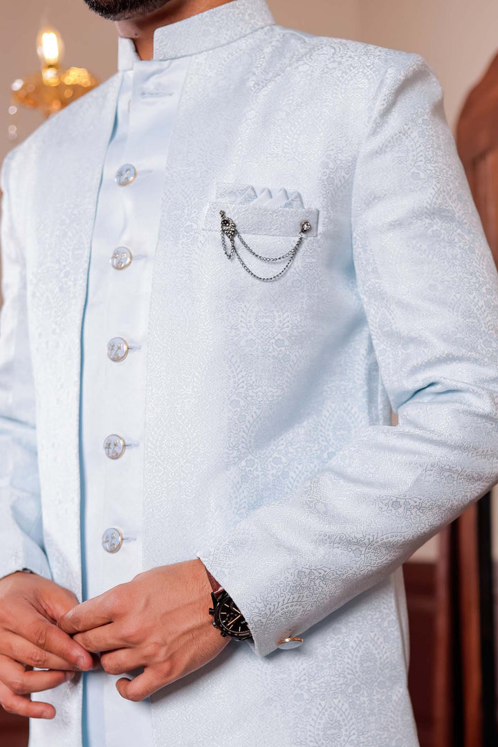 Light Blue Brocade Silk Jacket Style Indo-wester Suit.