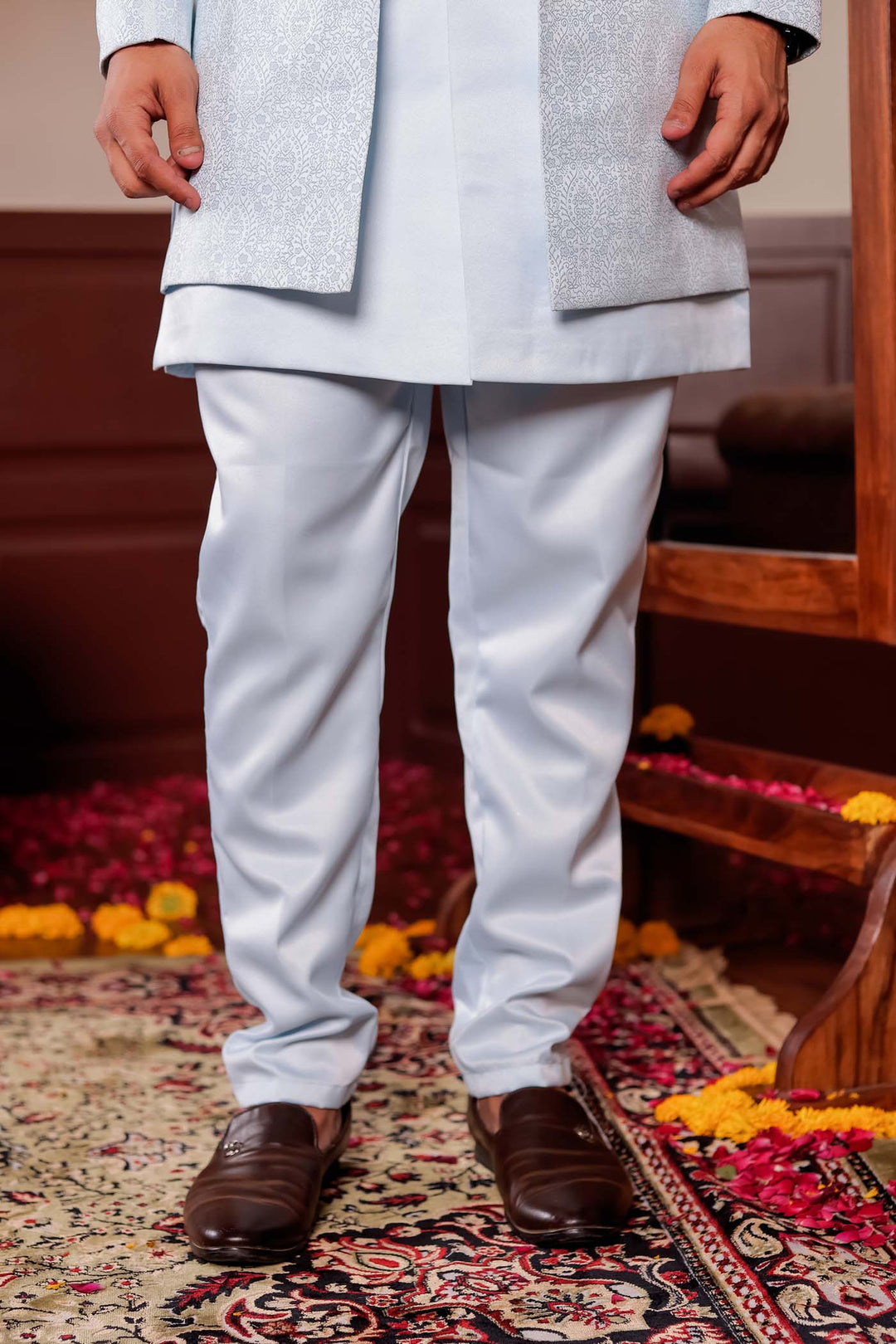 Light Blue Brocade Silk Jacket Style Indo-wester Suit.