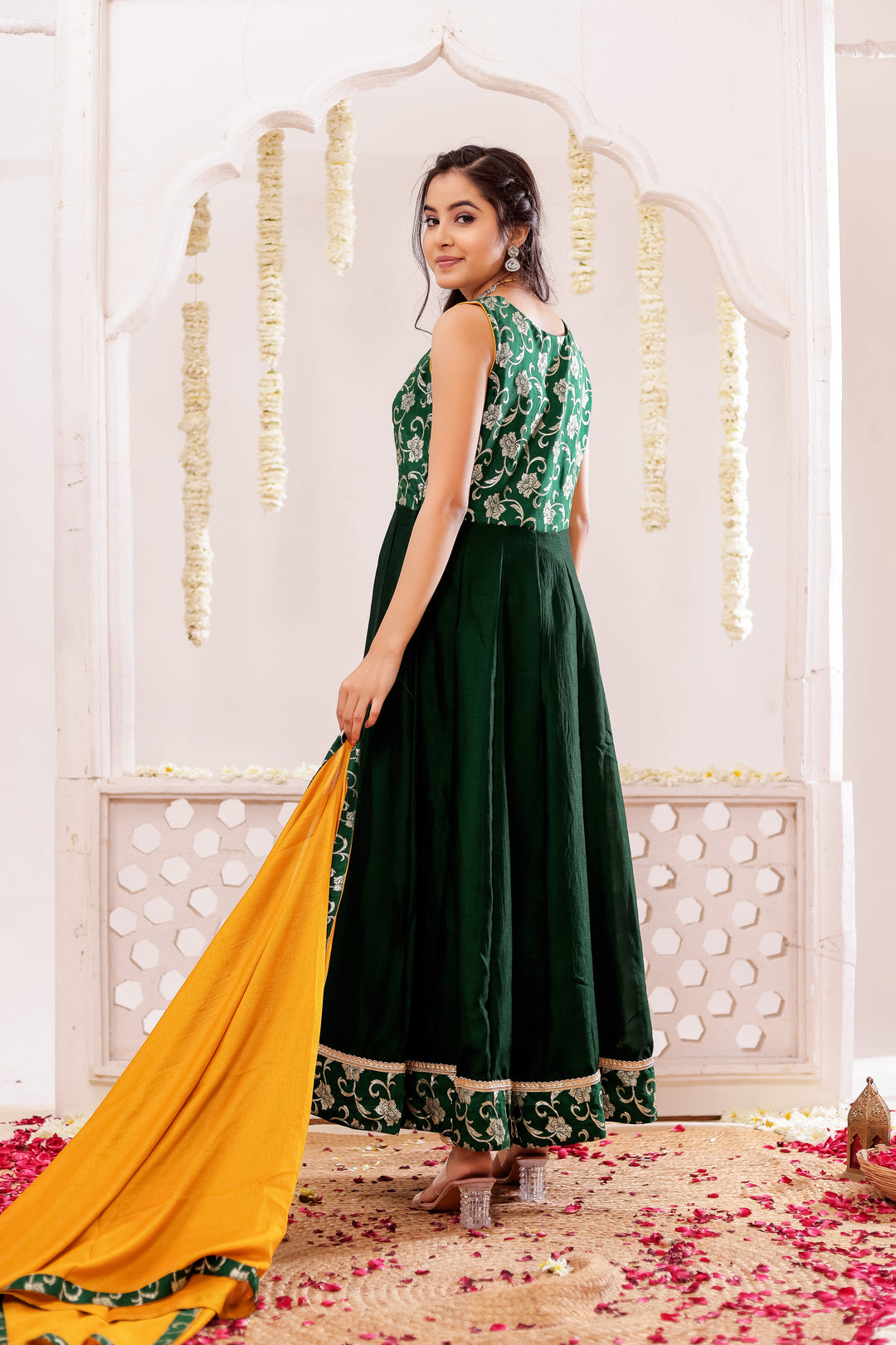 Bottle Green Vichitra Silk Anarkali Suit