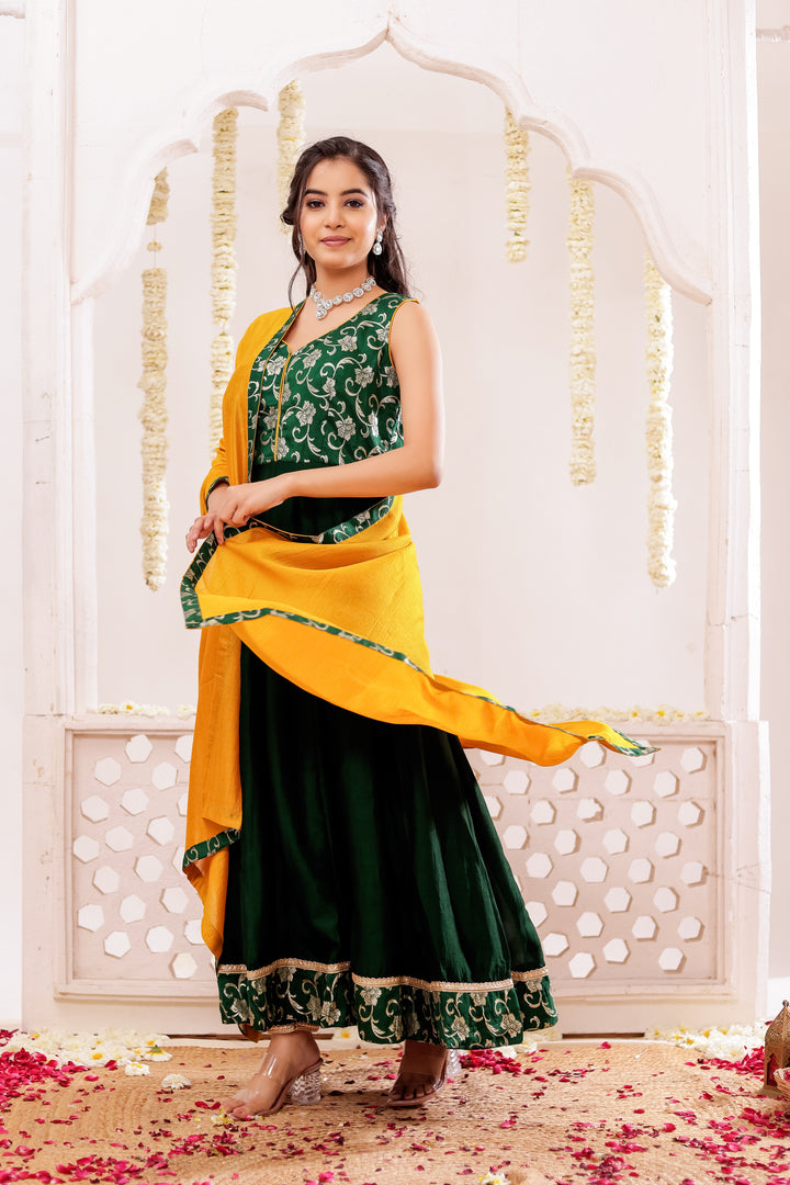 Bottle Green Vichitra Silk Anarkali Suit