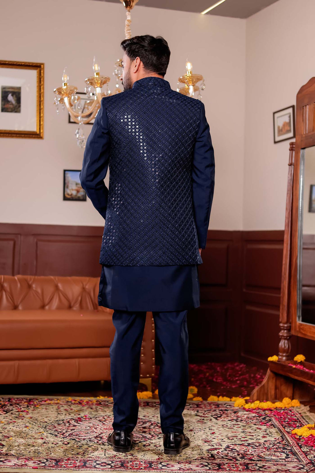 Navy Blue Open Jacket Style Suit with Sequin Work.