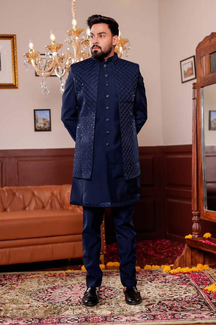 Navy Blue Open Jacket Style Suit with Sequin Work.