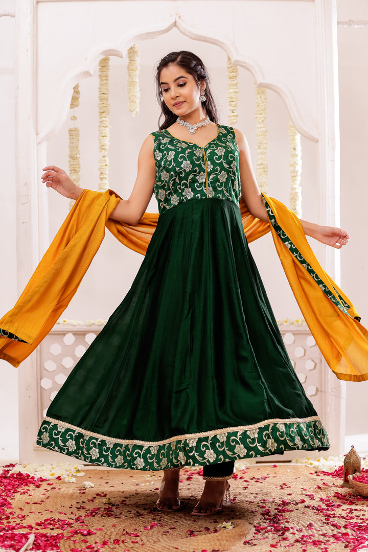 Bottle Green Vichitra Silk Anarkali Suit