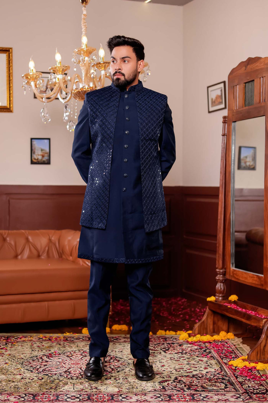 Navy Blue Open Jacket Style Suit with Sequin Work.