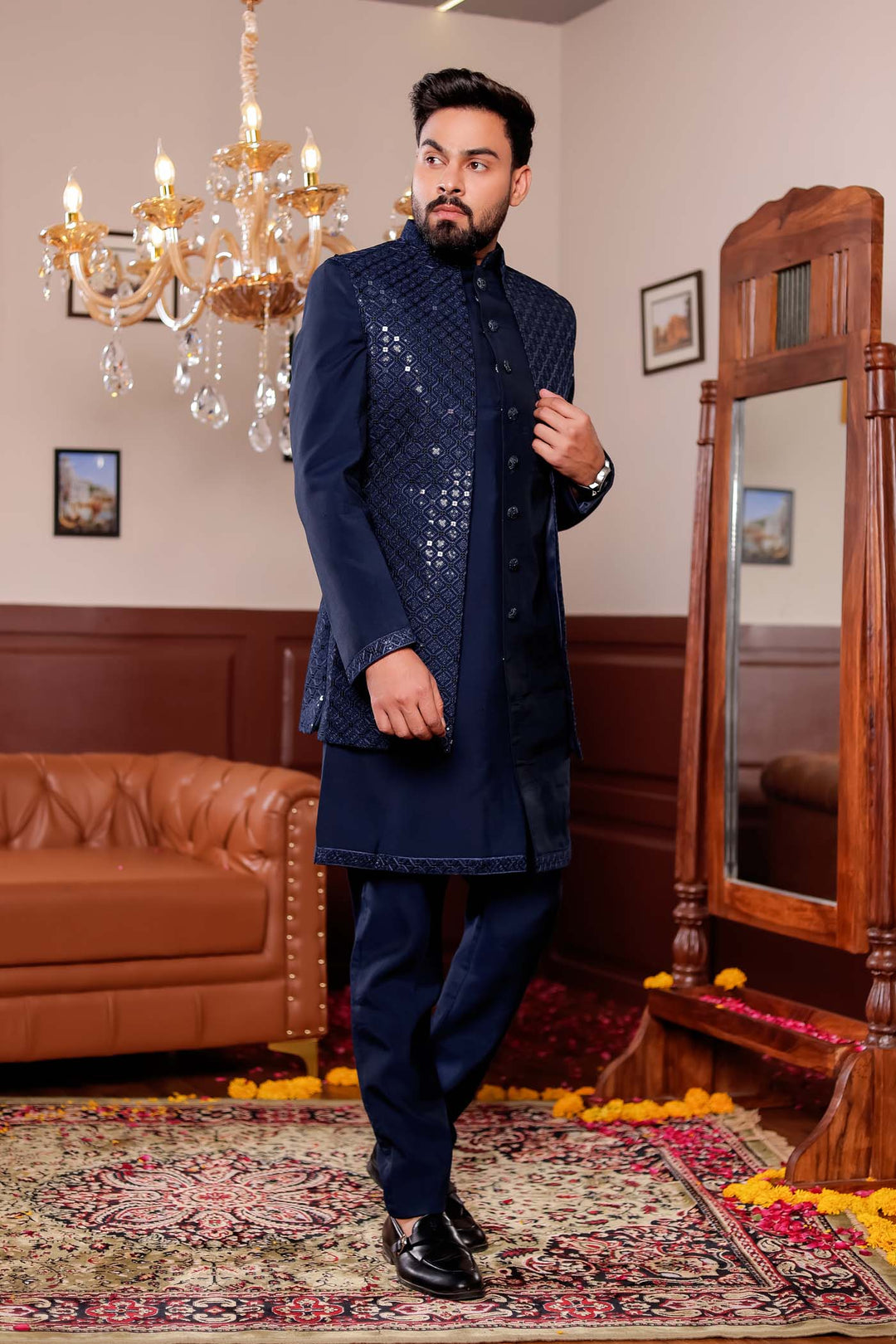 Navy Blue Open Jacket Style Suit with Sequin Work.