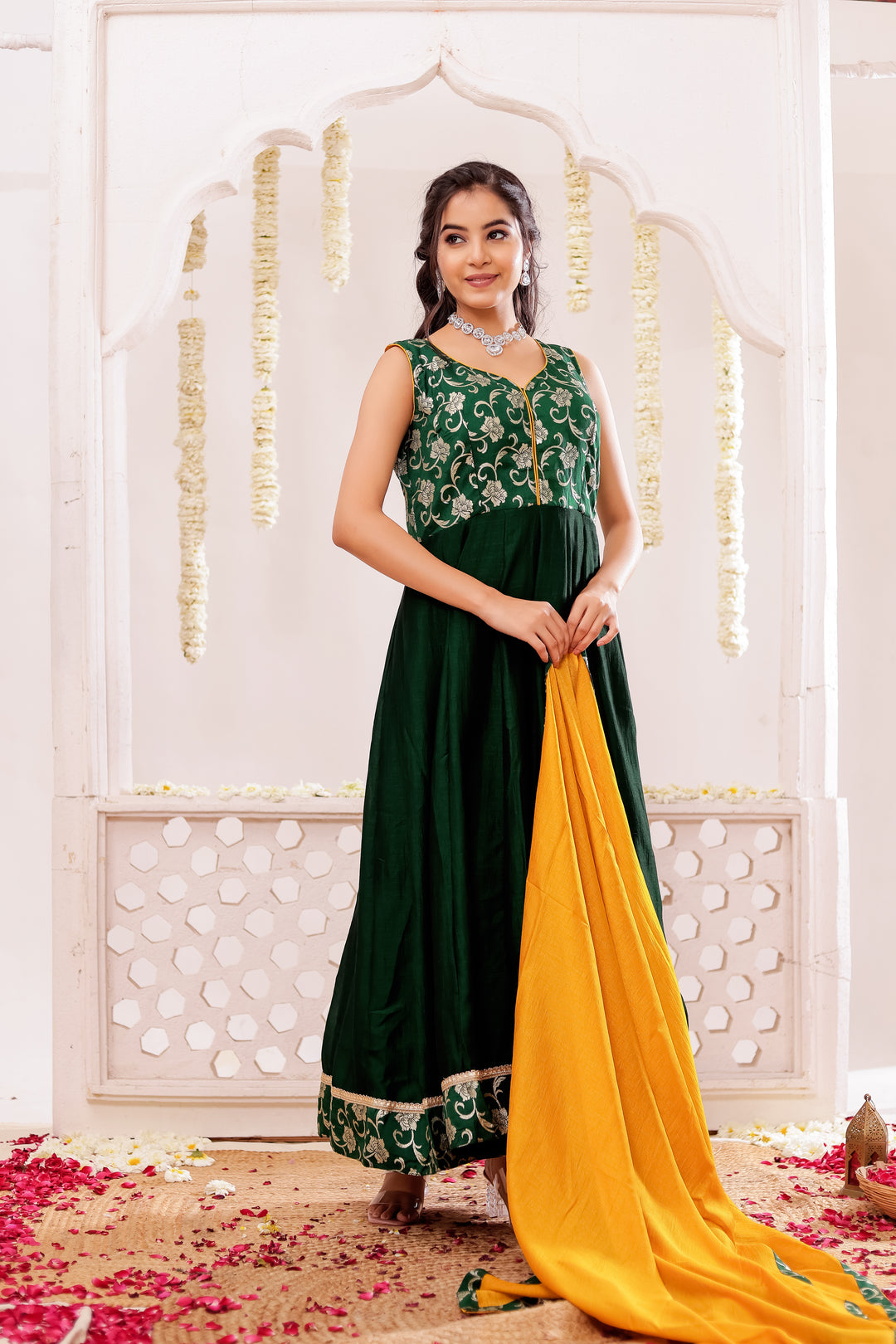 Bottle Green Vichitra Silk Anarkali Suit