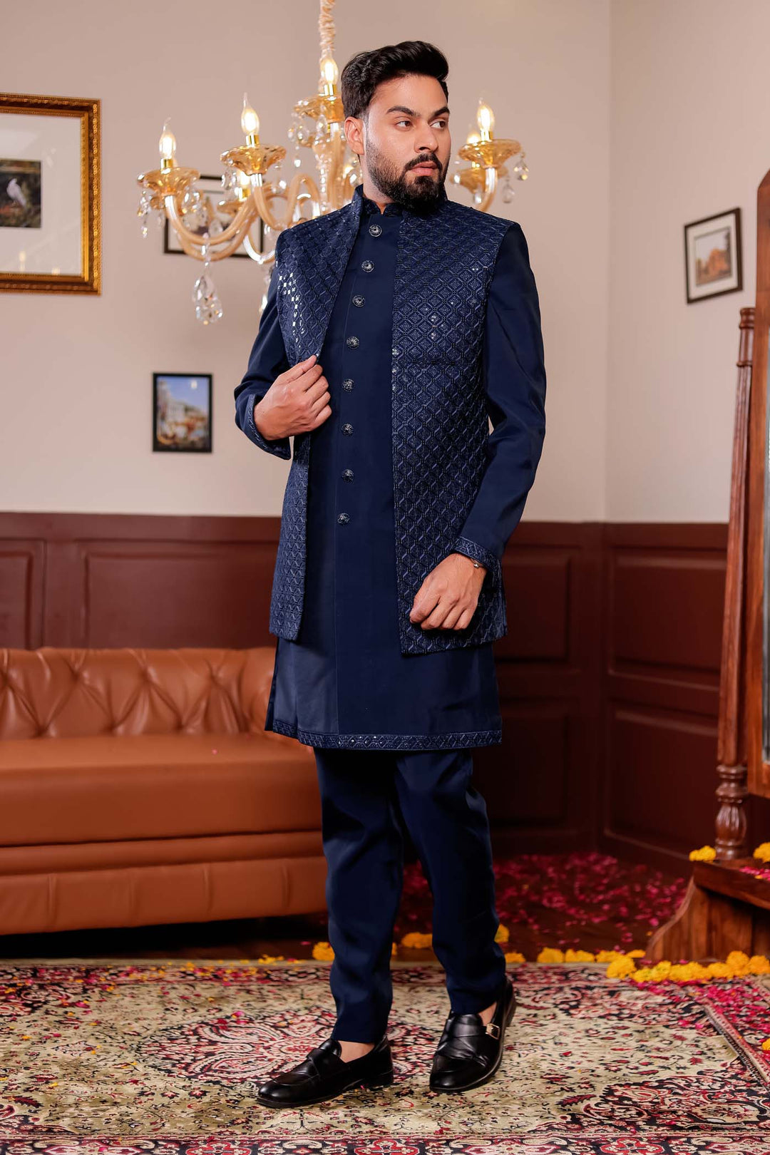 Navy Blue Open Jacket Style Suit with Sequin Work.